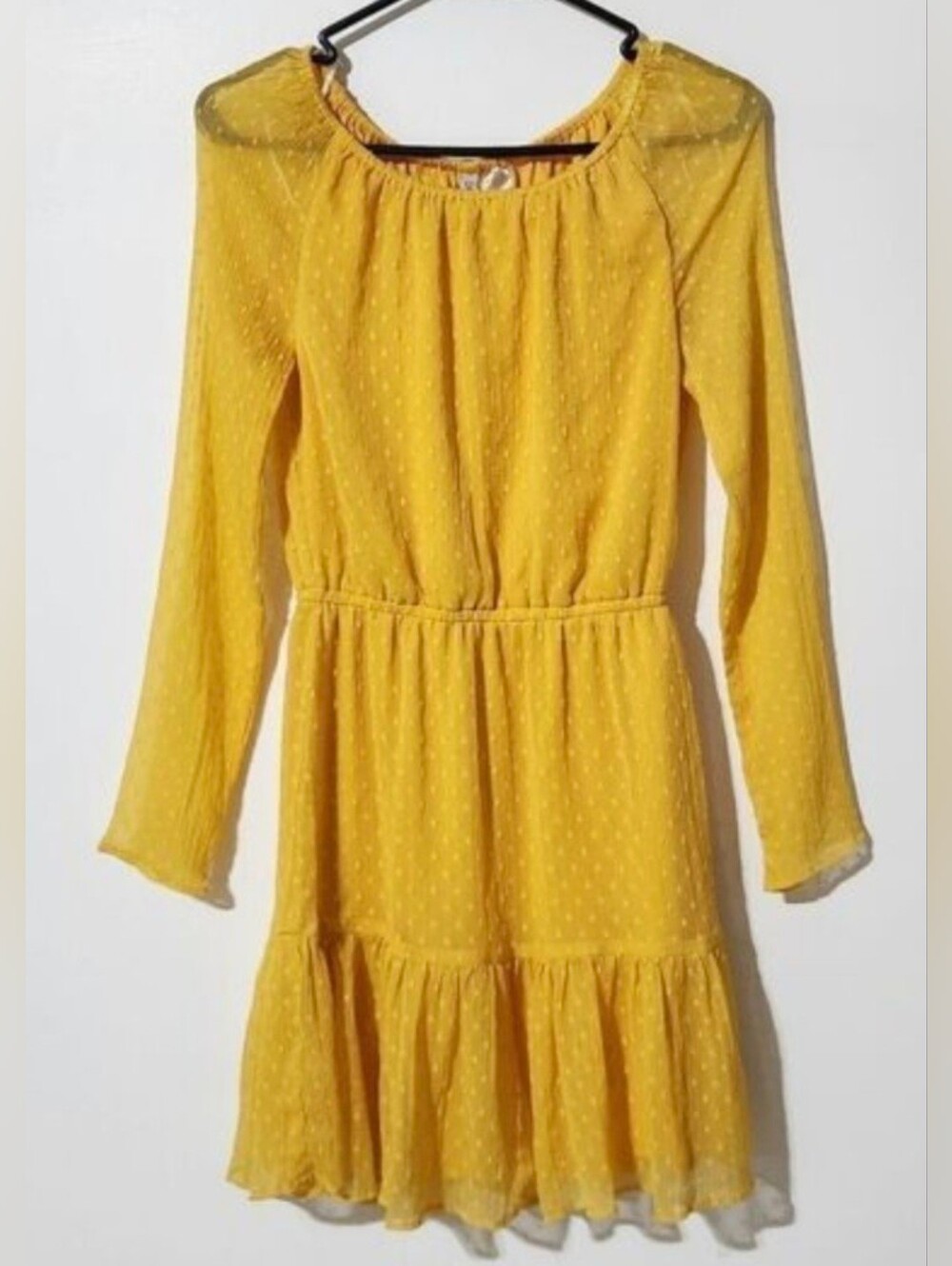 Yellow Swiss Dot Tiered Long Sleeve Dress